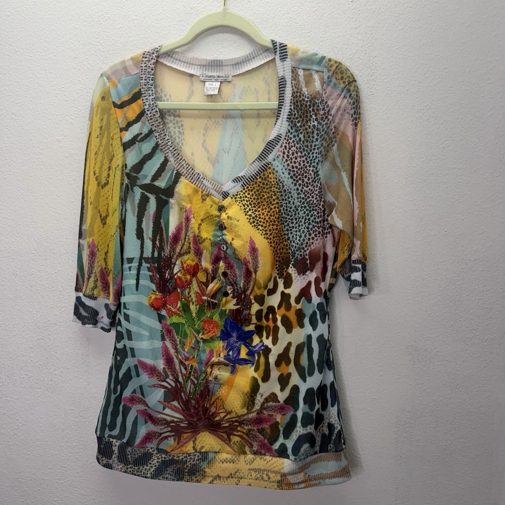 Alberto Makali Top Animal Print Beaded Mixed Media Artsy Floral V Neck Y2K Sheer